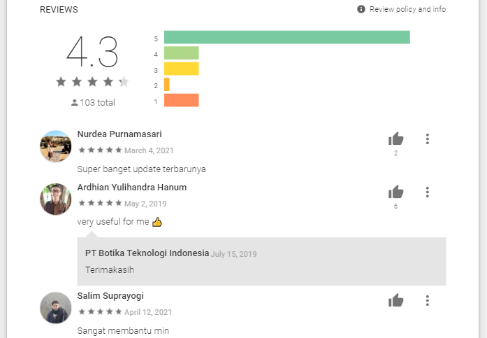 Review positif aplikasi Chatbotika di Play Store